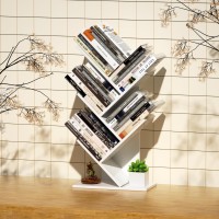 R RUISHENG 5 Tier Small Tree Bookshelf Desk Book Organizer Narrow Bookcases for Books Magazines CDs Free Standing Retro Wooden Storage Shelves for Home Office Bedroom Living Room White
