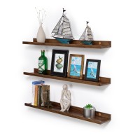 Azsky 24 Inch Wood Floating Shelves Picture Ledge Shelf Light Walnut For Photos On Wall Floating Book Shelf With Lip Set Of 3 So