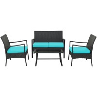 Dortala 4 Piece Wicker Patio Furniture Set, Outdoor Pe Rattan Conversation Sets With Chairs, Loveseat & Tempered Glass Coffee Table For Poolside, Courtyard, Balcony, Turquoise