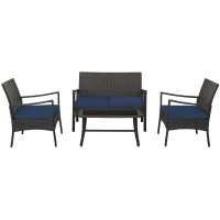 Dortala 4 Piece Wicker Patio Furniture Set, Outdoor Pe Rattan Conversation Sets With With Chairs, Loveseat & Tempered Glass Coffee Table For Poolside, Courtyard, Balcony, Navy Blue