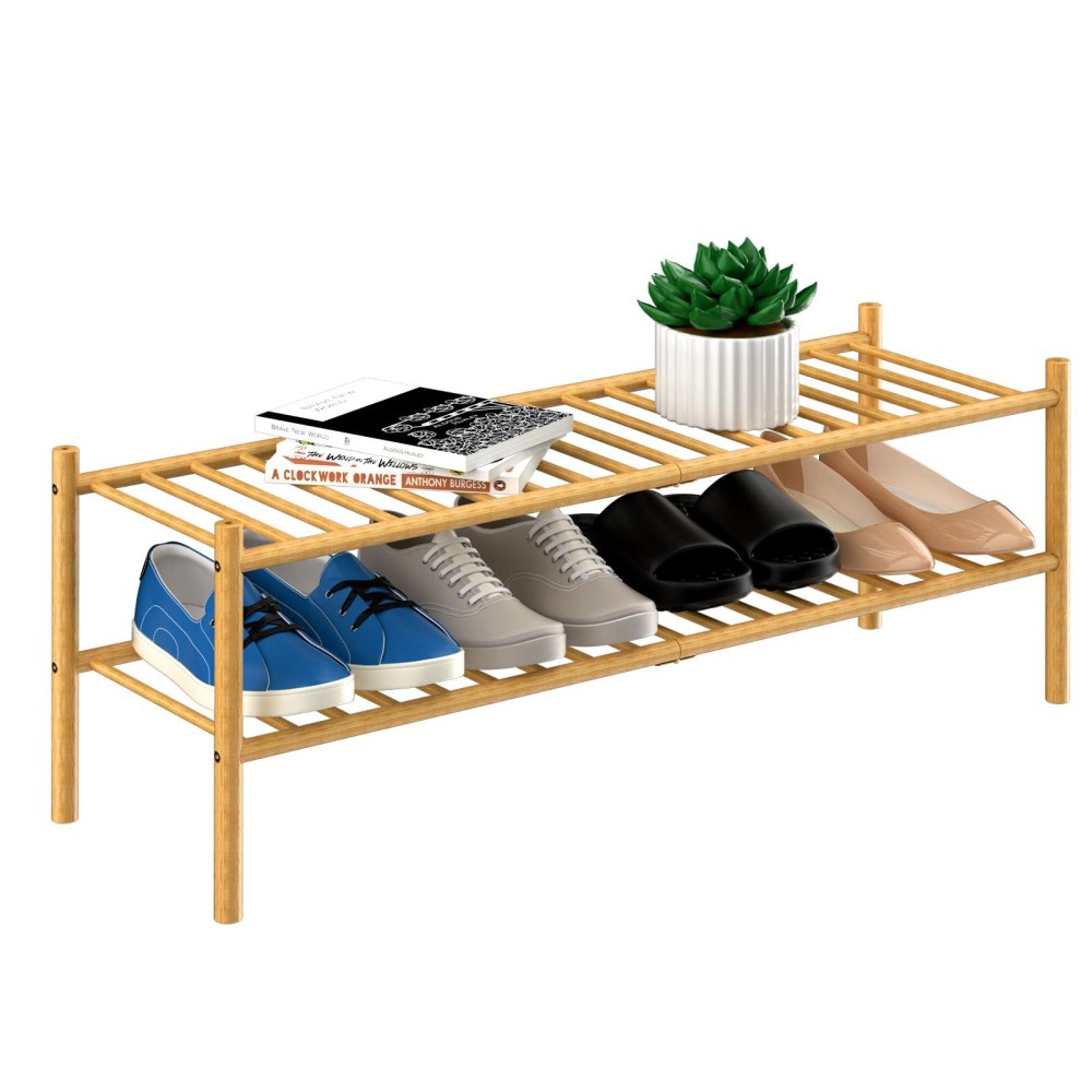 Romguar Craft 2Tier Bamboo Long Shoe Rack Free Standing Wood Shoe Shelf Storage Organizer For Closet Entryway Stackable 35X1