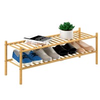 Romguar Craft 2Tier Bamboo Long Shoe Rack Free Standing Wood Shoe Shelf Storage Organizer For Closet Entryway Stackable 35X1