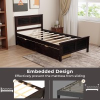 Giantex Wood Twin Bed With 2 Storage Drawers, Solid Wood Platform Bed With Headboard, Wooden Slats Support Mattress Foundation, No Spring Needed, Twin Bed Frame For Kids, Teens, Adults, Espresso