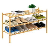 Romguar Craft 3Tier Bamboo Long Shoe Rack Free Standing Wood Shoe Shelf Storage Organizer For Closet Entryway Stackable 35X1