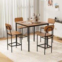 Giantex 5-Piece Dining Table Set W/Counter Height Table & 4 Bar Stools, Industrial Kitchen Dining Table Set W/Footrest & Backrest, Space-Saving Dinette Set For Pub, Dining Room, Restaurant (Walnut)