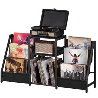 Lelelinky Black End Table Record Player Stand With Vinyl Storage 3 Tier Side Table With Display Shelf Storage Up To 180 Albums