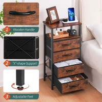 Yoobure Night Stand Led Nightstand With Charging Station Bedside Table With 4 Fabric Storage Drawers And Storage Shelf End T