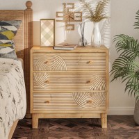 Cozayh 3Drawer Farmhouse Dresser With Handicraft Wood Ring Motif Fully Assembled Nightstand Wooden Finish For Boho Midcentur