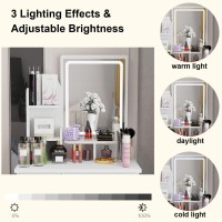 MOUMON Vanity Desk with Mirror and Lights, Vanity Mirror Makeup Desk with Drawers and Shelves, Vanity Mirror with Lights, Crystal Handles, Cushion Stool, White (31.5 W x 15.7 D x 55.1 H)