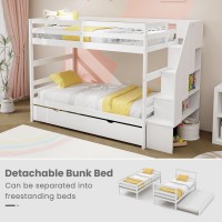 Komfott Wood Twin Over Twin Bunk Bed With Trundle & Storage Stairs, Bunk Bed Frame With Protective Guardrails For Kids Room, Bedroom, Convertible To 2 Separated Beds, No Box Spring Needed (White)