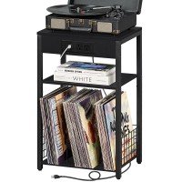 Lelelinky Side Table With Charging Station Black Night Stand With Usb Ports And Outlets 3 Tier Industrial Wooden Record Player