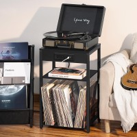 Lelelinky Side Table With Charging Station Black Night Stand With Usb Ports And Outlets 3 Tier Industrial Wooden Record Player