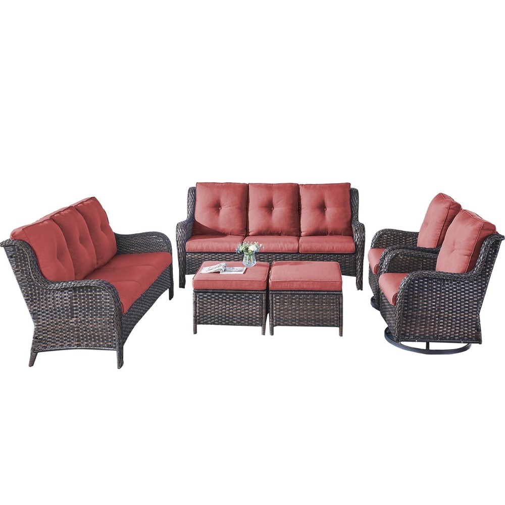 Rilyson Wicker Patio Furniture Set 6 Piece Rattan Outdoor Sectional Conversation Sets With 2 Rocking Swivel Chairs 2 Ottomans