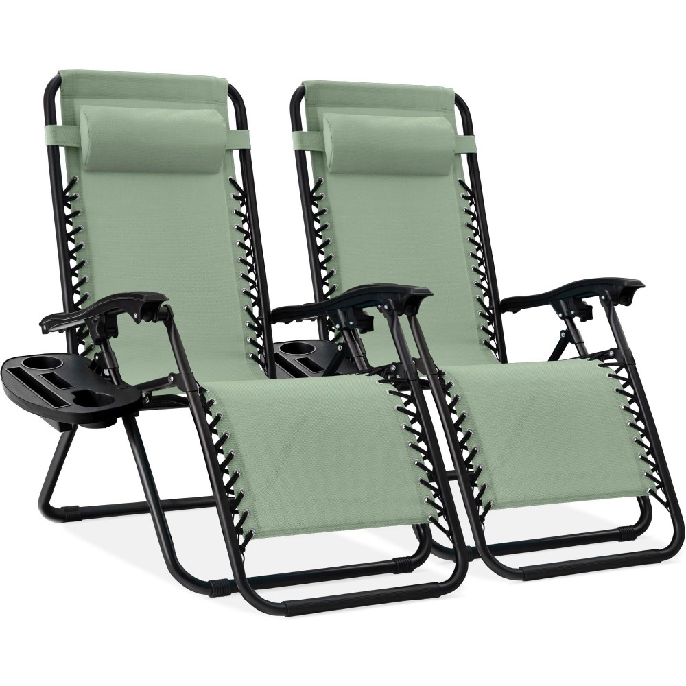 Best Choice Products Set Of 2 Adjustable Steel Mesh Zero Gravity Lounge Chair Recliners Wpillows And Cup Holder Trays Sage Gr