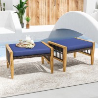 Tangkula Set Of 2 Outdoor Ottomans Patio Acacia Wood Ottomans With Cushions Versatile Rattan Woven Footstools Wicker Footrest