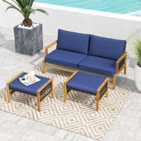 Tangkula Set Of 2 Outdoor Ottomans Patio Acacia Wood Ottomans With Cushions Versatile Rattan Woven Footstools Wicker Footrest