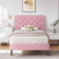 Hombck Twin Size Bed Frame Linen Fabric Upholstered Twin Bed Frames With Headboard Pink Twin Bed Frame With Wood Slats Button