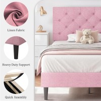 Hombck Twin Size Bed Frame Linen Fabric Upholstered Twin Bed Frames With Headboard Pink Twin Bed Frame With Wood Slats Button