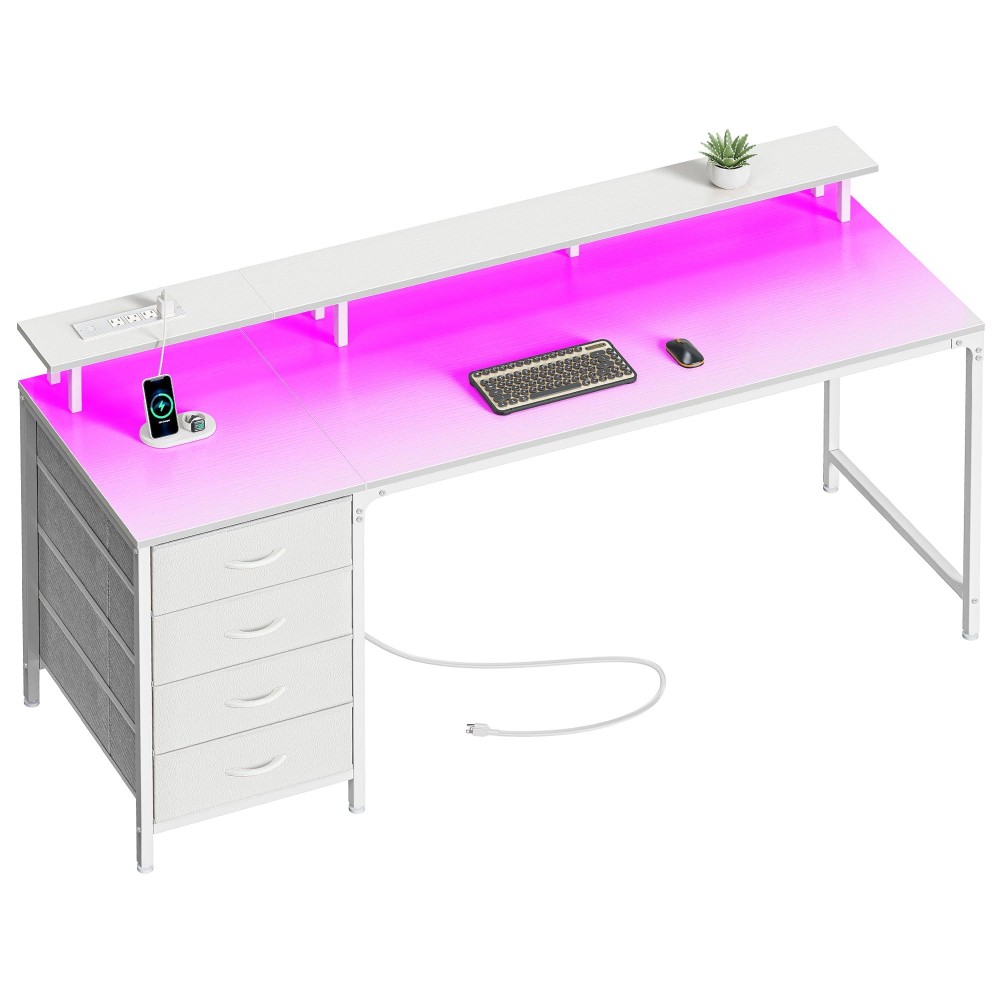 Huuger 63 Inch Computer Desk With Power Outlets And Led Lights Gaming Desk With 4 Drawers Office Desk With Monitor Stand Stud