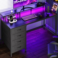 Huuger 47 Inch Computer Desk With Power Outlets And Led Lights Gaming Desk With 4 Drawers Office Desk With Monitor Stand Stud