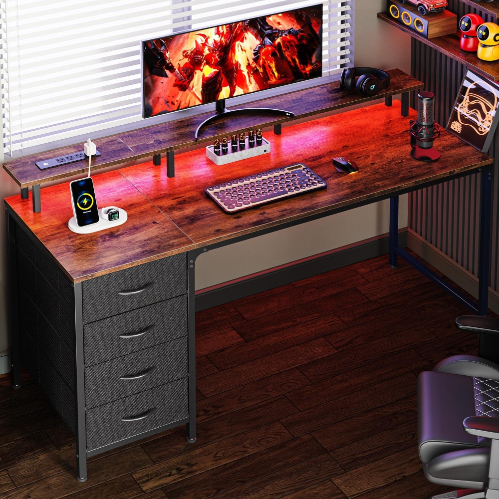 Huuger 55 Inch Computer Desk With Power Outlets And Led Lights Gaming Desk With 4 Drawers Office Desk With Monitor Stand Stud