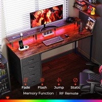 Huuger 55 Inch Computer Desk With Power Outlets And Led Lights Gaming Desk With 4 Drawers Office Desk With Monitor Stand Stud