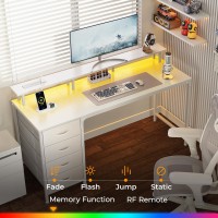 Huuger 55 Inch Computer Desk With Power Outlets And Led Lights Gaming Desk With 4 Drawers Office Desk With Monitor Stand Stud