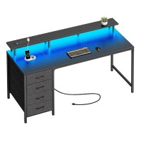 Huuger 55 Inch Computer Desk With Power Outlets And Led Lights Gaming Desk With 4 Drawers Office Desk With Monitor Stand Stud