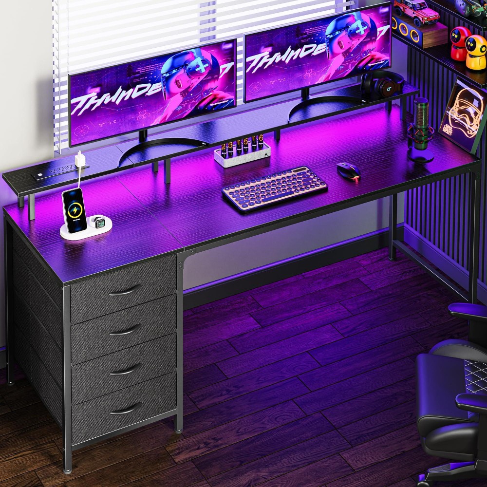 Huuger 63 Inch Computer Desk With Power Outlets And Led Lights Gaming Desk With 4 Drawers Office Desk With Monitor Stand Stud