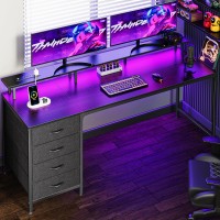 Huuger 63 Inch Computer Desk With Power Outlets And Led Lights Gaming Desk With 4 Drawers Office Desk With Monitor Stand Stud