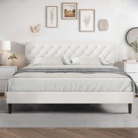 Hombck King Size Bed Frame With Headboard Linen Fabric Upholstered Bed Frame With Wood Slats Button Tufted No Box Spring Need