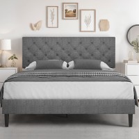 Hombck Queen Bed Frame With Headboard Linen Fabric Upholstered Bed Frame Queen Wood Slats Support Button Tufted No Box Sprin