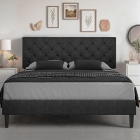 Hombck Queen Bed Frame With Headboard Linen Fabric Upholstered Bed Frame Queen Wood Slats Support Button Tufted No Box Sprin