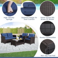 Dortala 4 Piece Wicker Patio Furniture Set, Pe Rattan Outdoor Conversation Sets With Loveseat, Chairs & Coffee Table For Backyard, Porch, Garden And Poolside, Navy