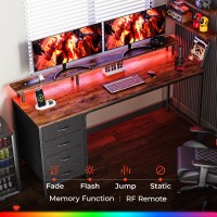 Huuger 63 Inch Computer Desk With Power Outlets And Led Lights Gaming Desk With 4 Drawers Office Desk With Monitor Stand Stud