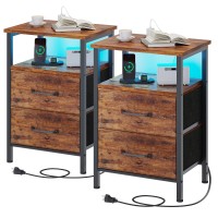 Trifeble Nightstands Set Of 2 Night Stand With Charging Station And Led Lights Bedside Table With 2 Fabric Drawers For Bedroom