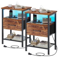 Trifeble Night Stand Set 2 End Table With Charging Station Led Bedside Table With Fabric Drawer For Bedroom 3Tier Side Table