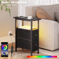 Trifeble End Table Set 2 With Charging Station Narrow Side Table With 2 Fabric Drawers Skinny Nightstand With Led Light Slim