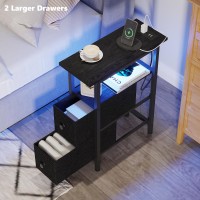 Trifeble End Table Set 2 With Charging Station Narrow Side Table With 2 Fabric Drawers Skinny Nightstand With Led Light Slim