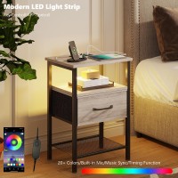 Trifeble Night Stand Set 2 End Table With Charging Station Led Bedside Table With Fabric Drawer For Bedroom 3Tier Side Table