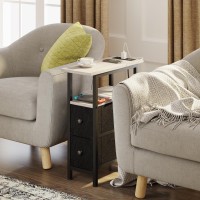 Trifeble End Table With Charging Station Narrow Side Table With 2 Fabric Drawers Skinny Nightstand With Led Light Slim Bedsid