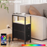 Trifeble End Table With Charging Station Narrow Side Table With 2 Fabric Drawers Skinny Nightstand With Led Light Slim Bedsid