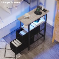 Trifeble End Table With Charging Station Narrow Side Table With 2 Fabric Drawers Skinny Nightstand With Led Light Slim Bedsid