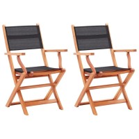 Vidaxl Folding Patio Chairs, 2 Pcs, Solid Eucalyptus Wood And Textilene Seat, Back - Sturdy, Durable & Weather-Resistant, Ideal For Garden, Black, Modern Design