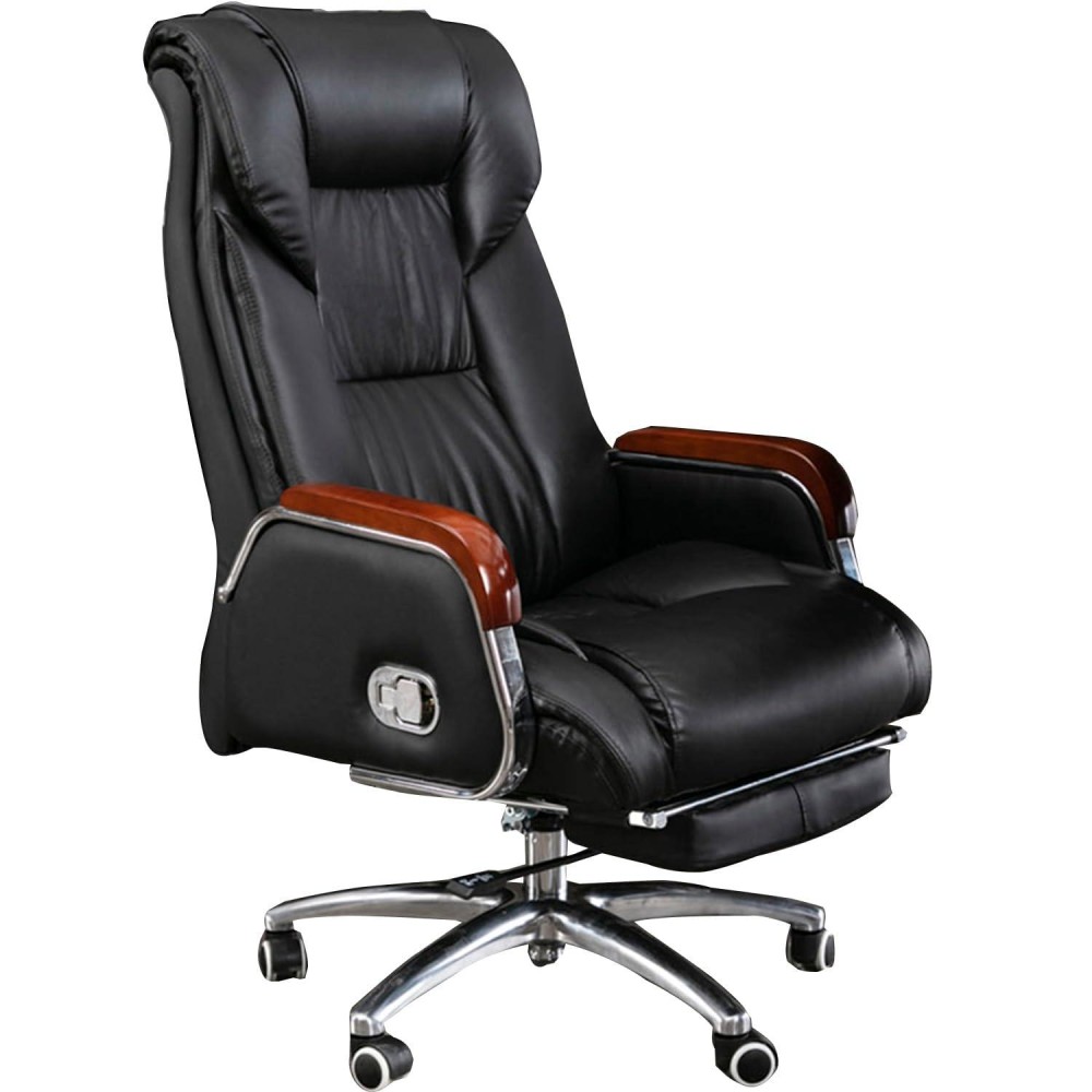 Executive Office Chair, Genuine Leather Home Office Desk Chair Ergonomic Swivel Task Chair Sedentary Comfort Computer Chair With Adjustable Back And Retractable Footrest (Color : Black)