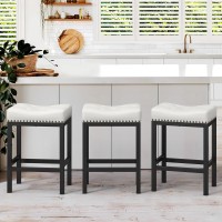 Lue Bona Counter Height Bar Stools 24 Inch Saddle Backless Bar Stools Set Of 3 For Kitchen Counter White Faux Leather Counter