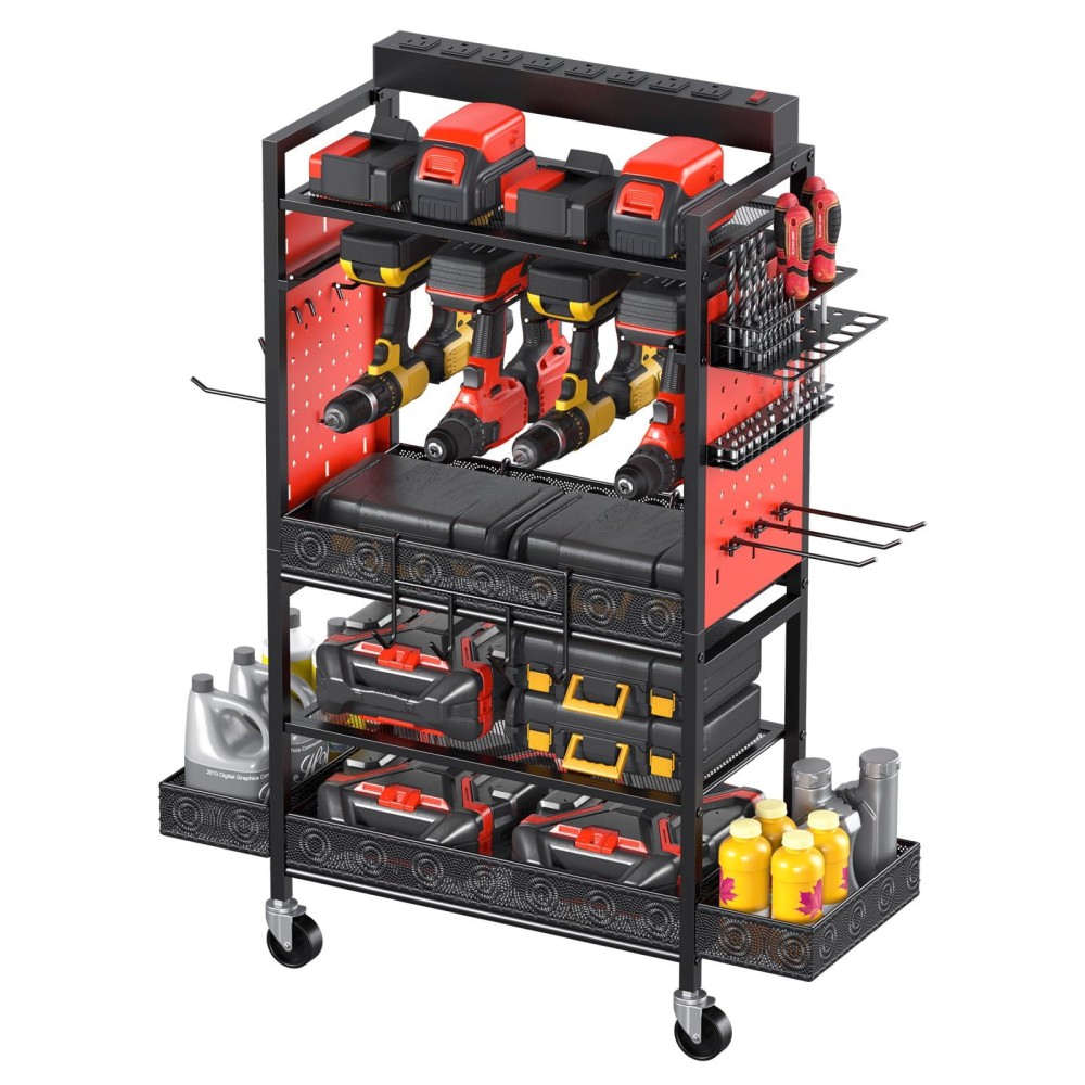 Cccei Garage Power Tools Organizer Cart With Charging Station Red Floor Standing Rolling Drill And Tools Battery Storage Cart O