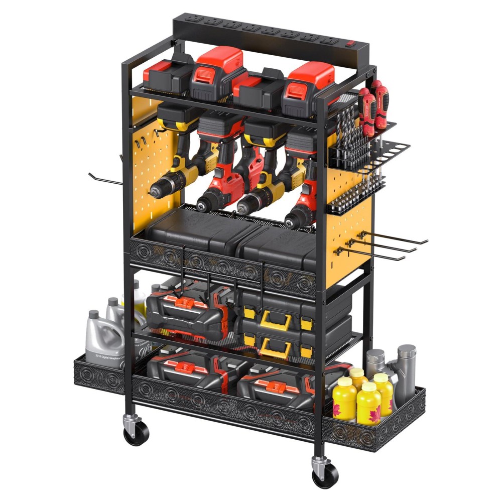 Cccei Garage Power Tools Organizer Cart With Charging Station Yellow Floor Standing Rolling Drill And Tools Battery Storage Car