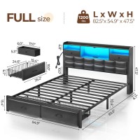 Rolanstar Bed Frame Full Size With Drawers And Charging Station Upholstered Platform Bed With Storage Headboard And Led Light