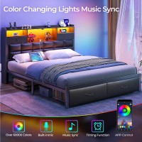 Rolanstar Bed Frame Full Size With Drawers And Charging Station Upholstered Platform Bed With Storage Headboard And Led Light